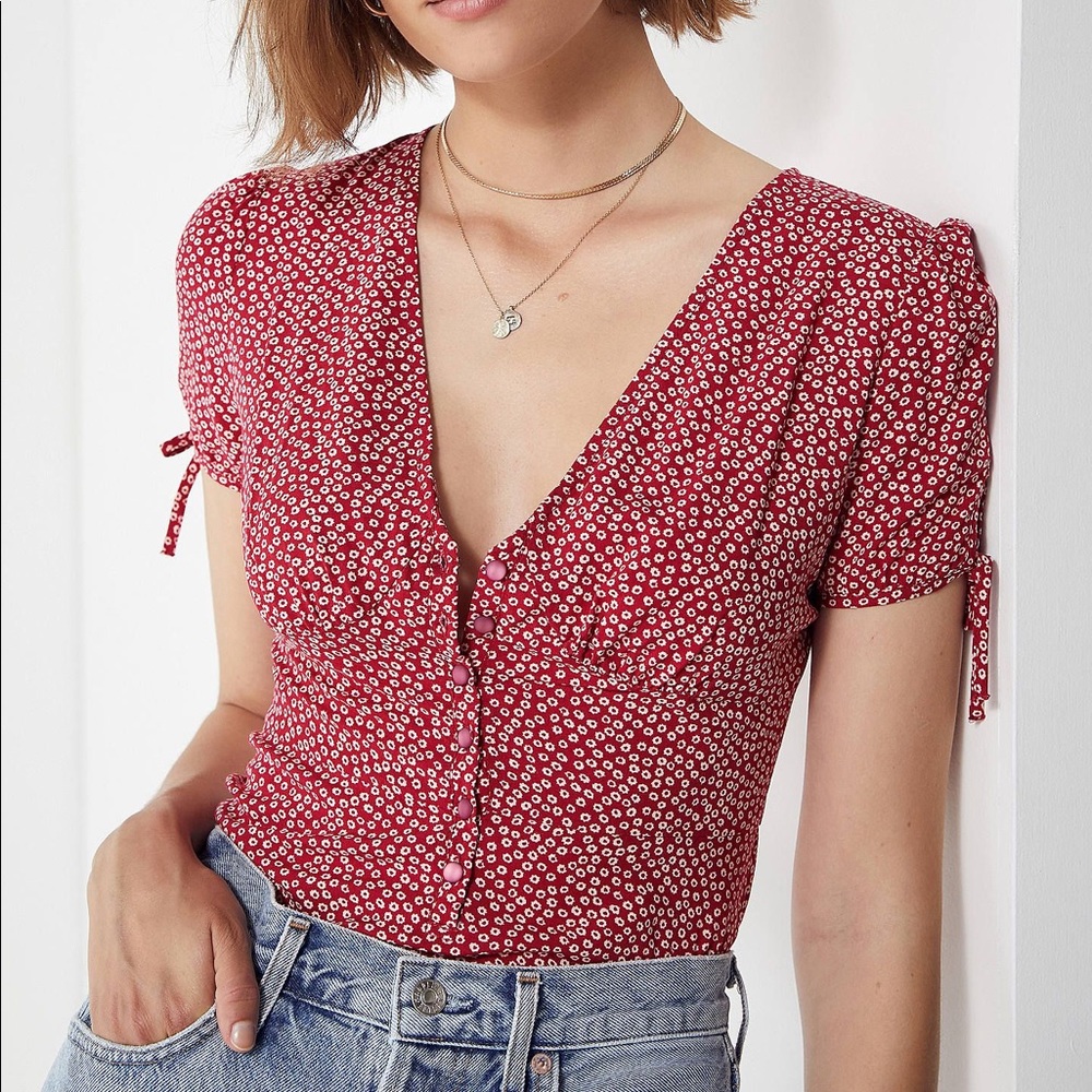 Urban Outfitters: Red Button Down Tie Sleeve Blouse [Size: Small]